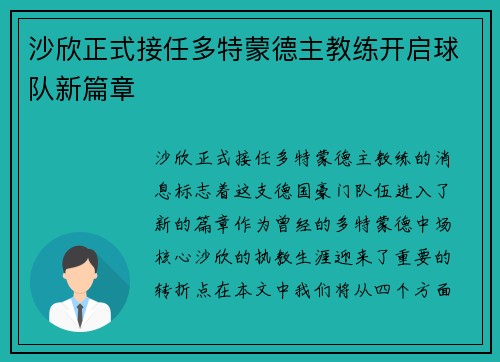 沙欣正式接任多特蒙德主教练开启球队新篇章
